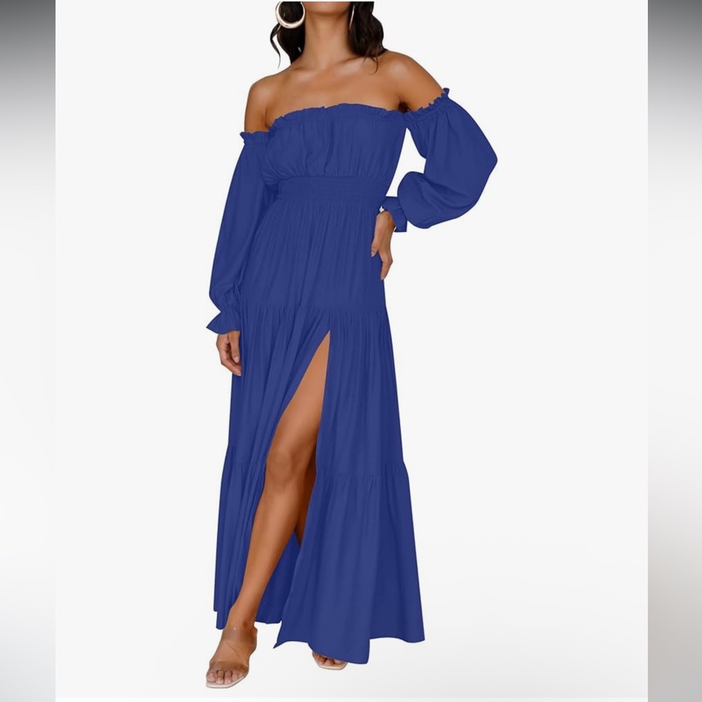 ZESICA Off Shoulder Smocked Flowy A Line Maxi Dress - Picture 3 of 8